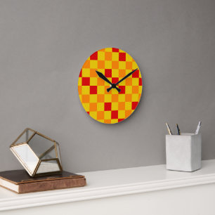 Horloge Ronde Motif à carreaux rouge orange jaune 
