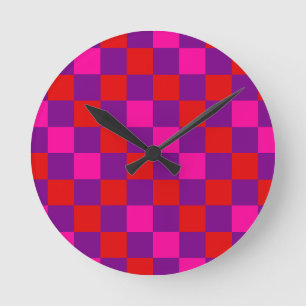 Horloge Ronde Motif à carreaux rouge violet rose