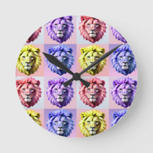 Horloge Ronde Motif à carreaux tête de lion couleur pastel doux