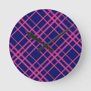 Horloge Ronde Motif à lignes à carreaux rose sur bleu
