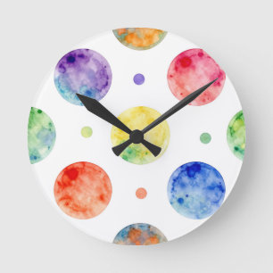 Horloge Ronde Motif à pois en orbite arc-en-ciel aquarelle