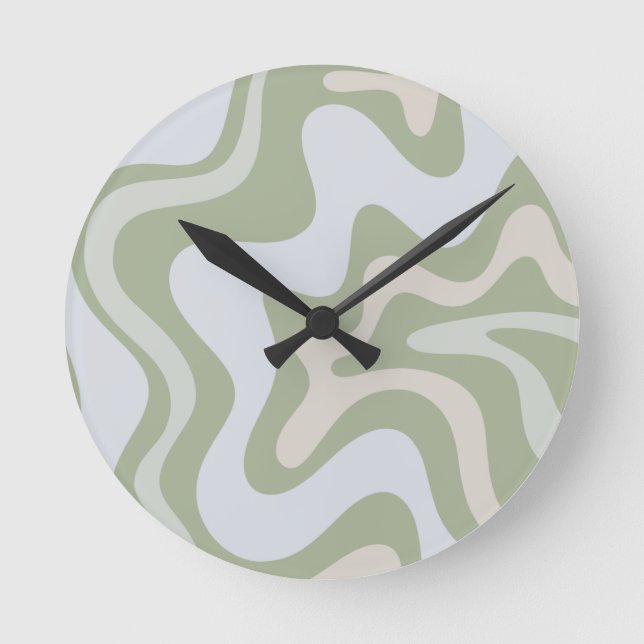 Horloge Ronde Motif Abstrait Retro Liquid Swirl à Sage Green (Recto)