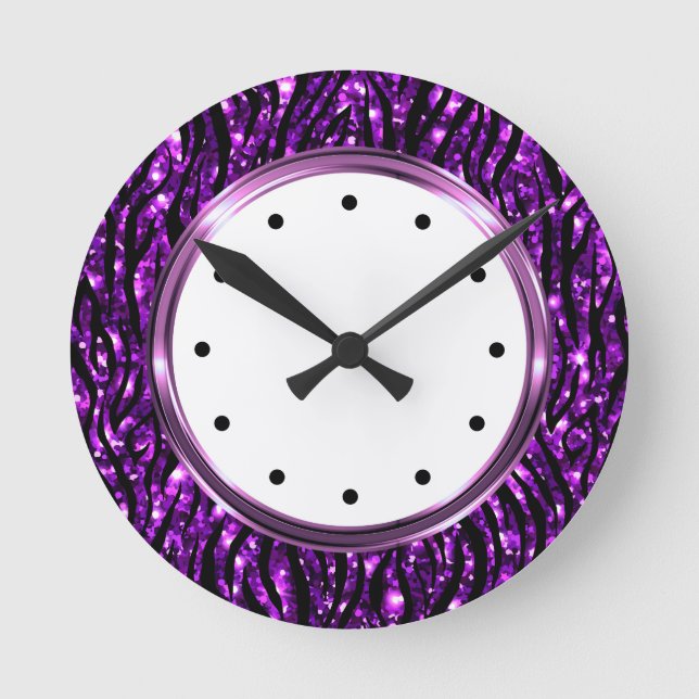 Horloge Ronde Motif animal de Zebra violet Glitzy (Recto)