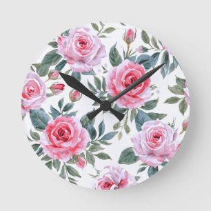 Horloge Ronde Motif aquarelle cottagecore floral rose rose