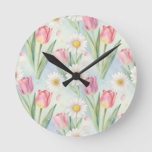 Horloge Ronde Motif aquarelle de printemps à la pâquerette et tu
