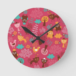 Horloge Ronde Motif avec les oiseaux et les chats mignons