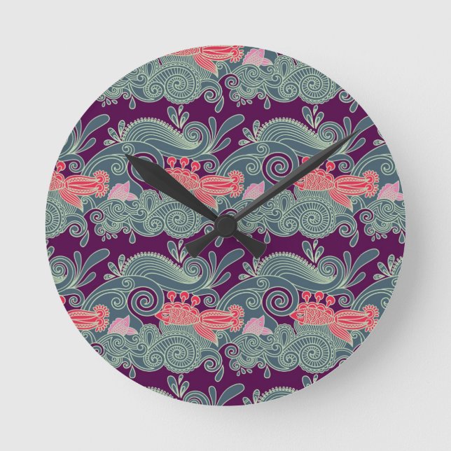 Horloge Ronde Motif Avec Poisson Et Vague Violette (Recto)