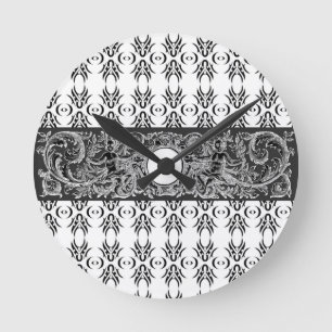 Horloge Ronde Motif baroque noir et blanc élégant à personnalise