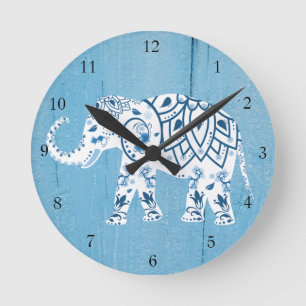 Horloge Ronde Motif bleu éléphant blanc