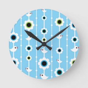 Horloge Ronde motif bleu oiseau et fleurs