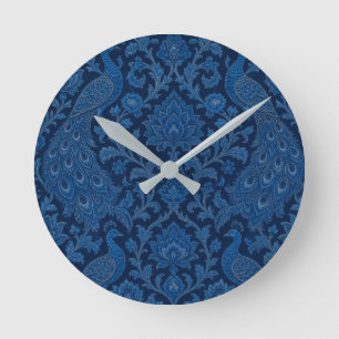 Horloge Ronde Motif bleu paon profond persan de luxe