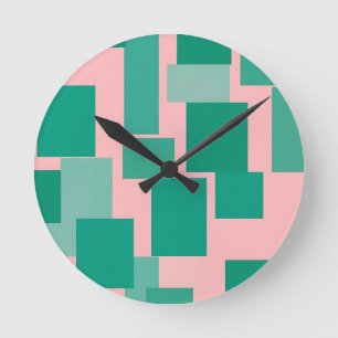 Horloge Ronde Motif bloc de couleur rose sarcelle Moderne Abstra