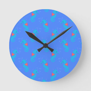 Horloge Ronde Motif Blue Seahorse