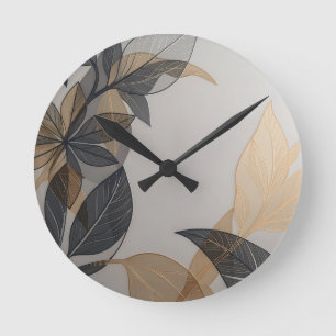 Horloge Ronde Motif botanique de feuille stylisé élégant noir or