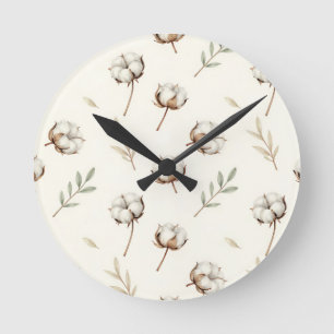Horloge Ronde Motif botanique de fleur de coton en coton doux