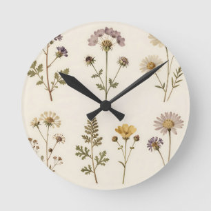 Horloge Ronde Motif botanique de fleurs sauvages pressées vintag