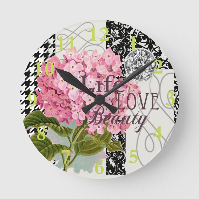 Horloge Ronde Motif Damas Décor Floral Joli (Recto)