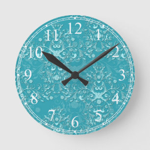 Horloge Ronde Motif damassé floral sarcelle fantaisie