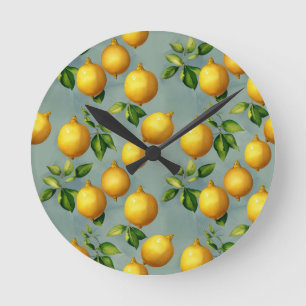 Horloge Ronde Motif d'art vintage citrons et feuilles sur gris
