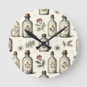 Horloge Ronde Motif de bocaux d'herbes d'apothicaire vintage