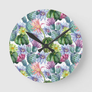 Horloge Ronde Motif de cactus aquarelle peint à la main