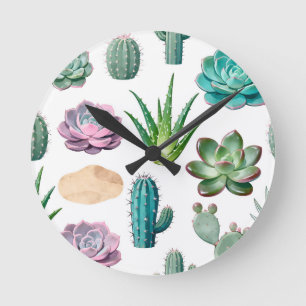 Horloge Ronde Motif de cactus succulent à l'aquarelle