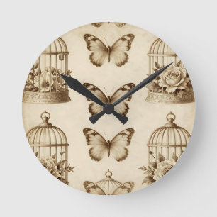 Horloge Ronde Motif de cage à oiseaux papillon Rose sépia vintag