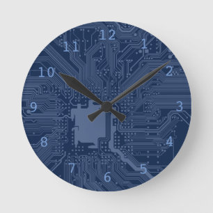 Horloge Ronde Motif de circuit Geek bleu