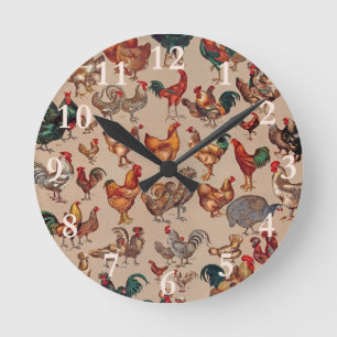 Horloge Ronde Motif de coq poulet vintage : Art de ferme