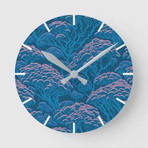 Horloge Ronde Motif De Corail Bleu Et Rose