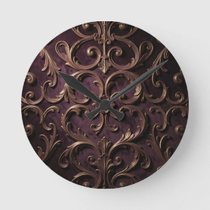 Horloge Ronde Motif de défilement baroque orné violet foncé or
