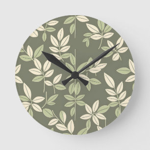 Horloge Ronde Motif de feuilles botaniques Olive Sage