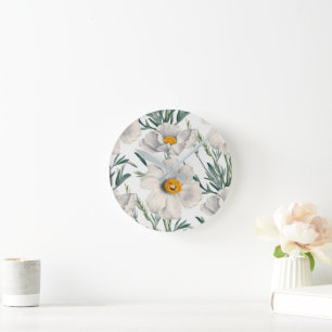 Horloge Ronde Motif de fleurs de pavot blanc de Californie
