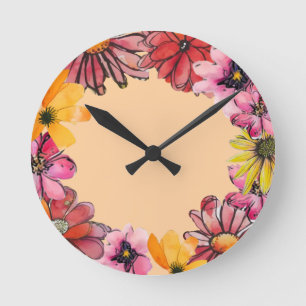 Horloge Ronde Motif de fleurs joyeux peint à la main