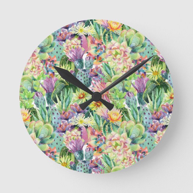 Horloge Ronde Motif de floraison exotique de cactus d'aquarelle (Recto)