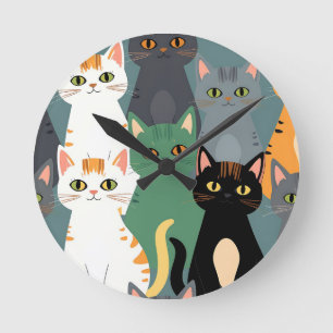 Horloge Ronde Motif de foule de chats de dessin animé colorés