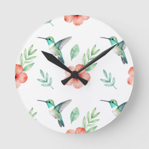 Horloge Ronde Motif de Hibiscus à Colibri Turquoise