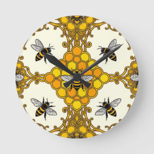 Horloge Ronde Motif de nid d'abeille en or