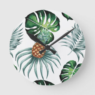 Horloge Ronde Motif de palmier de jungle à l'aquarelle tropicale