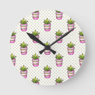 Horloge Ronde Motif de point Polka Succulent Aquarelle
