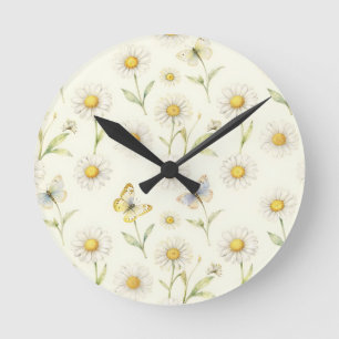 Horloge Ronde Motif de prairie à marguerite et papillon à l'aqua