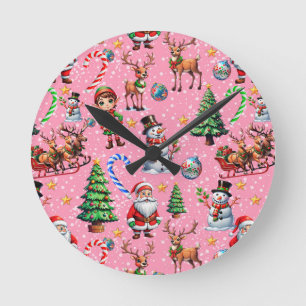 Horloge Ronde Motif décoratif de Noël sur fond rose