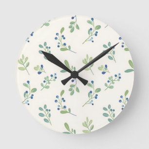 Horloge Ronde Motif délicat de myrtille et d'eucalyptus