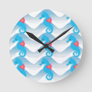 Horloge Ronde Motif Des Chevaux De Mer Et Des Vagues Bleues