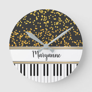 Horloge Ronde Motif des Pois d'or des clés de piano personnalis