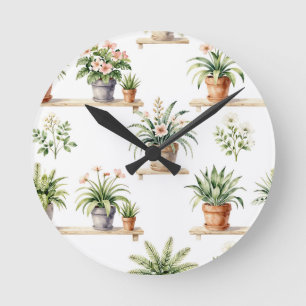 Horloge Ronde Motif d'étagère de plantes en pot à l'aquarelle