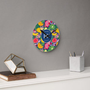 Horloge Ronde Motif d'été pour le Monogramme de fruits tropicaux