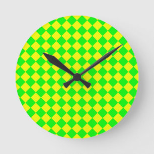 Horloge Ronde Motif diamant à carreaux jaune vert