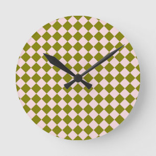 Horloge Ronde Motif diamant à carreaux rose vert