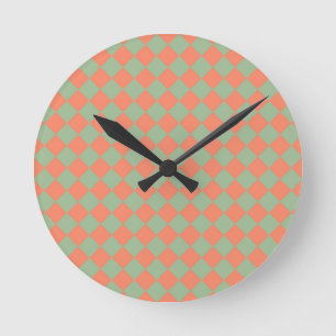 Horloge Ronde Motif diamant à carreaux vert olive rose saumon